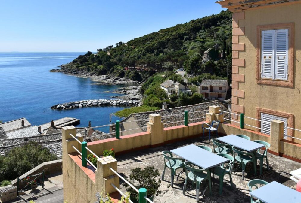 Terrasse en bord de mer avec vue panoramique.