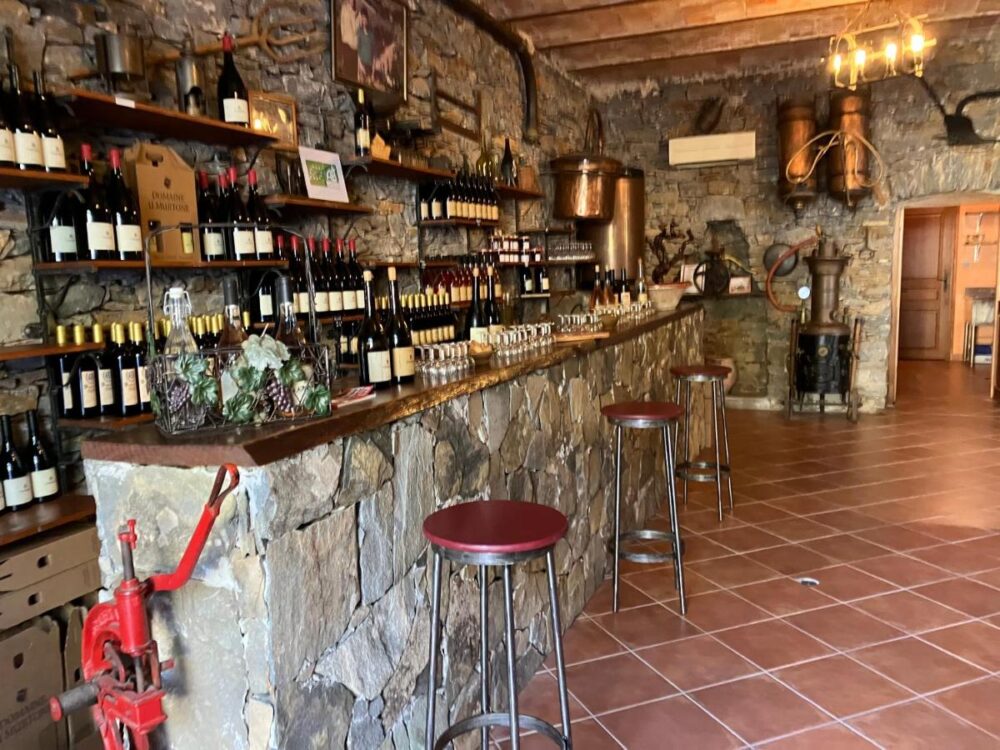 Cave à vin rustique avec comptoir en pierre.