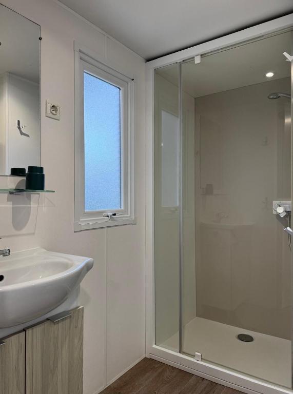 Salle de bain moderne avec cabine de douche.