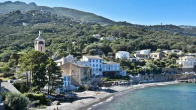 Côte méditerranéenne avec village et collines verdoyantes.
