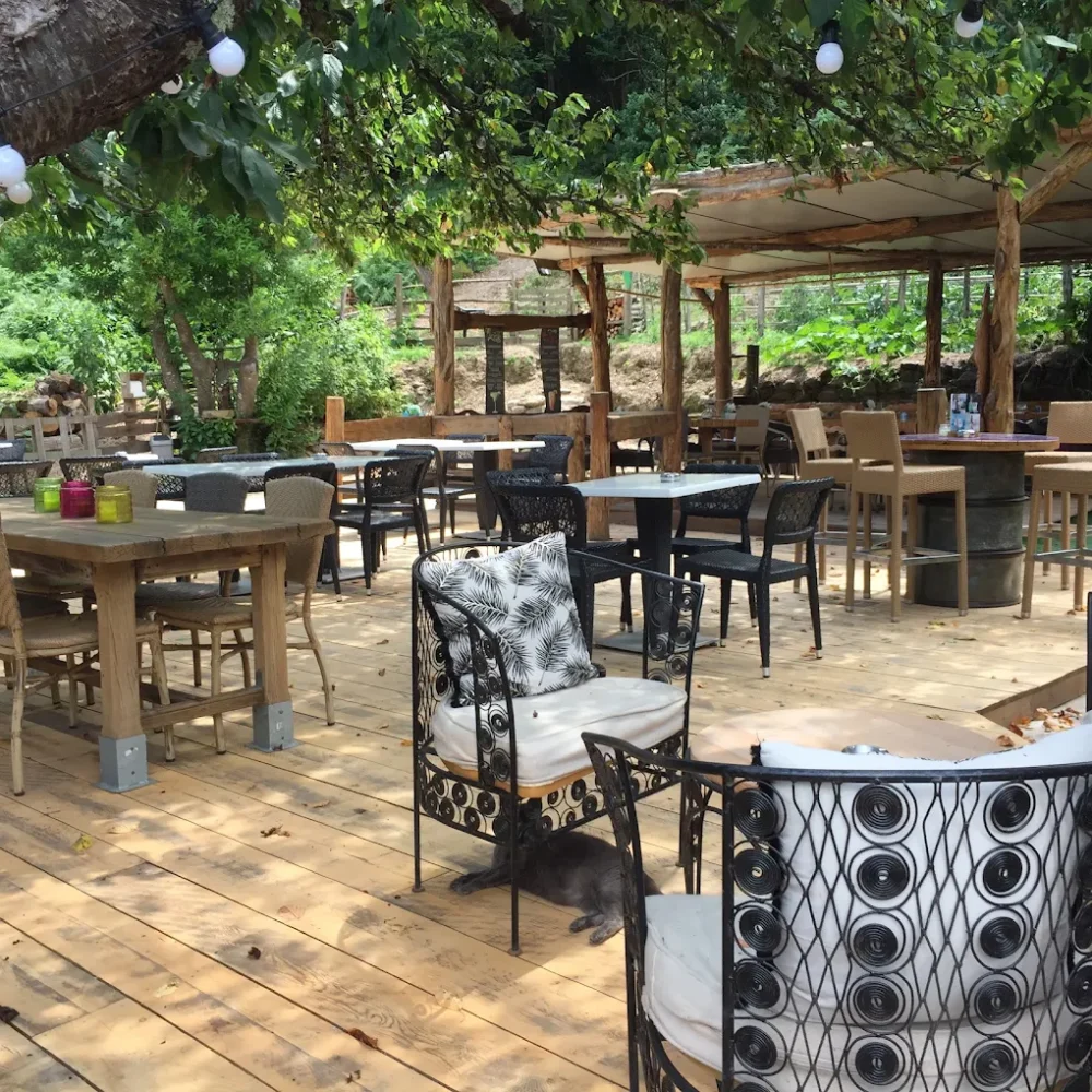 Terrasse en bois avec chaises et tables extérieures.
