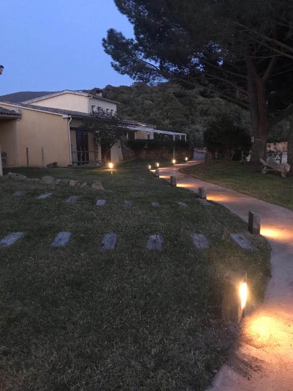 Allée éclairée de nuit près d'une maison.