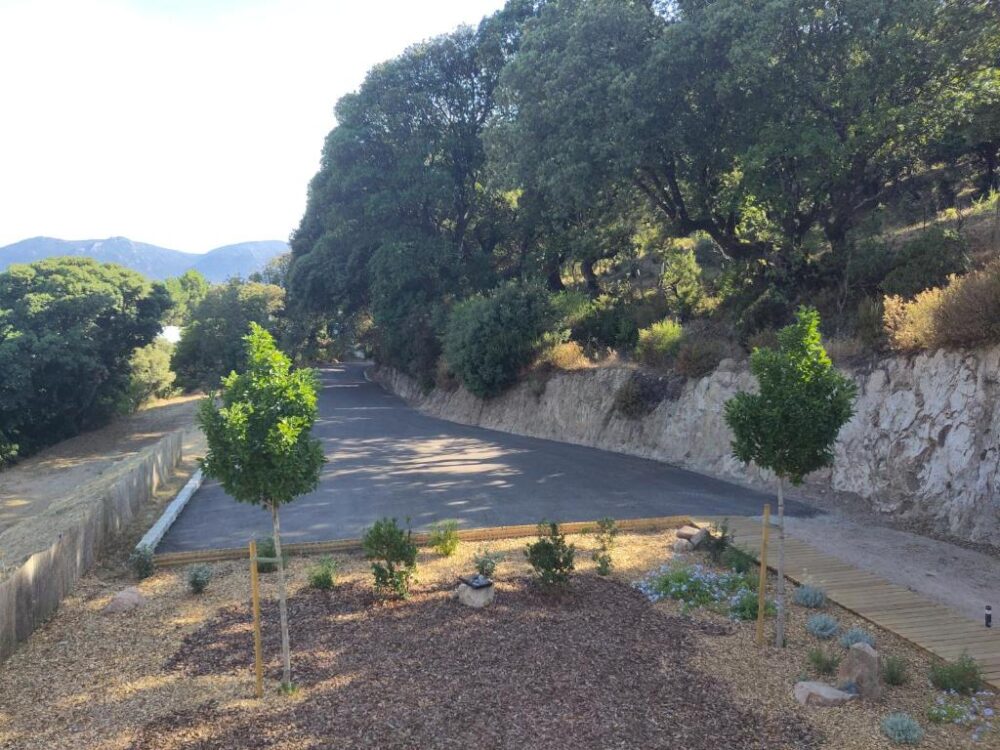Route entourée d'arbres et colline rocheuse