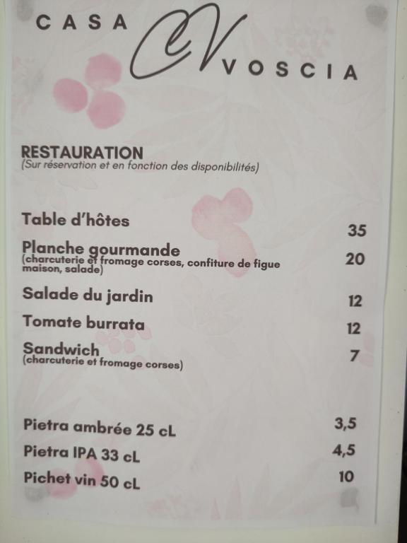 Menu Casa Voscia avec prix des plats.