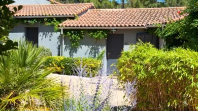Maison avec jardin et toit en tuiles.