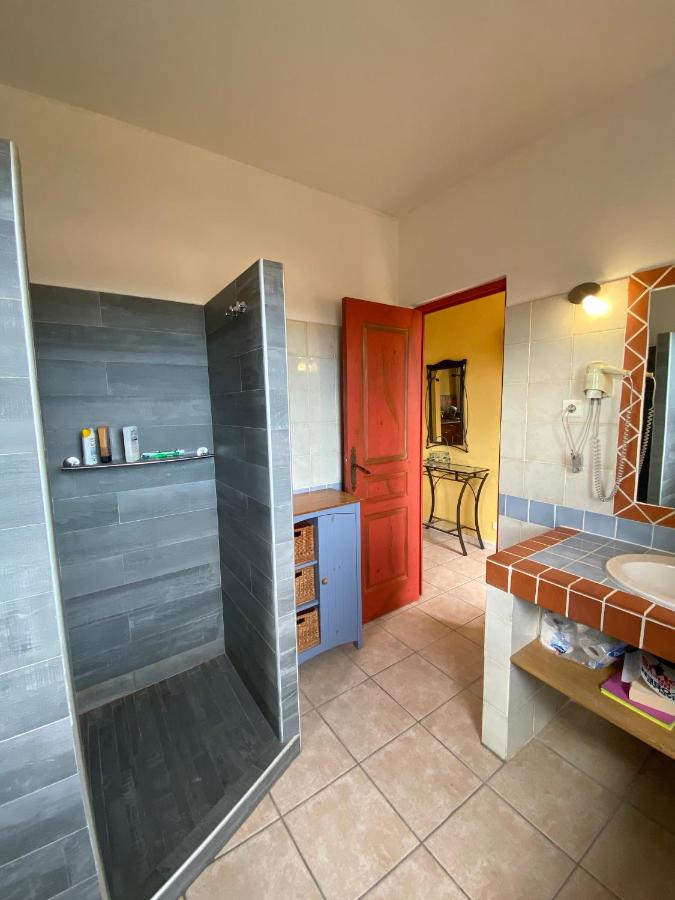 Salle de bain avec douche et lavabo.