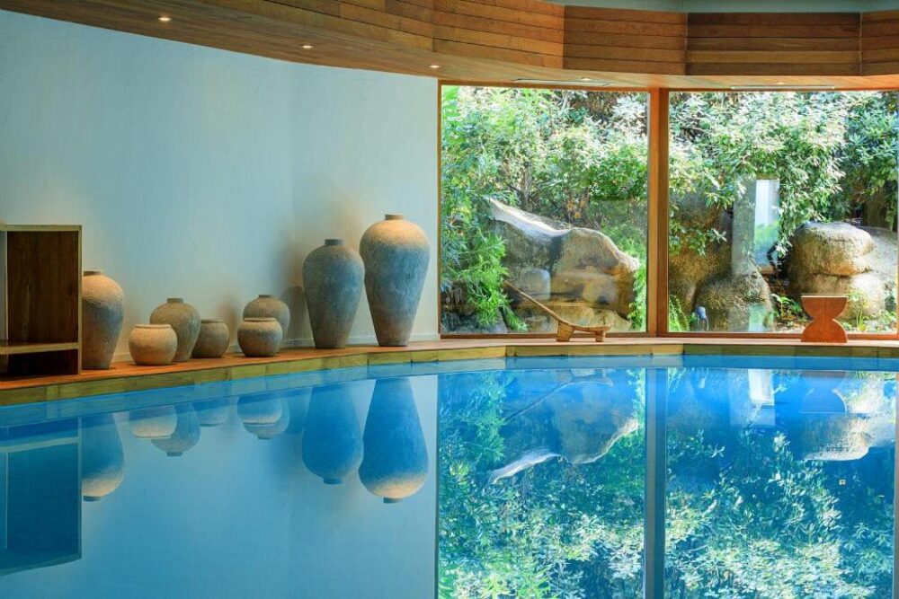 Piscine intérieure avec pots décoratifs et grandes fenêtres.