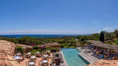 Vue piscine terrasse mer et nature en arrière-plan.