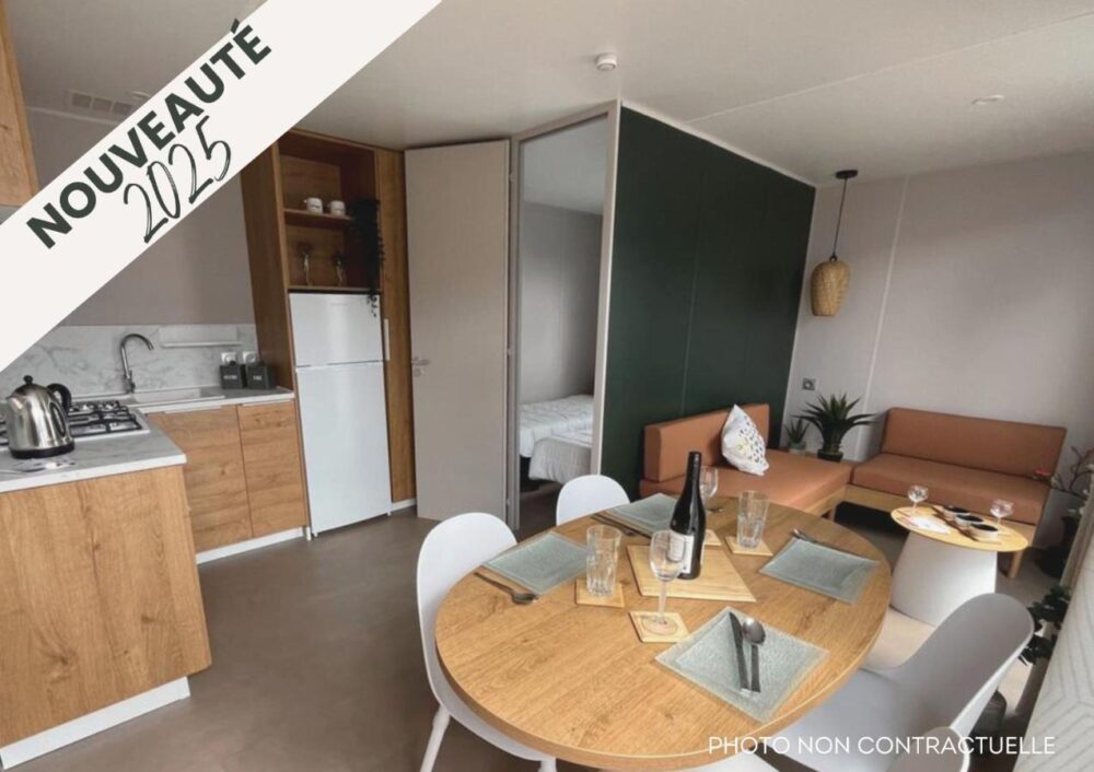 Cuisine moderne avec coin repas et salon.