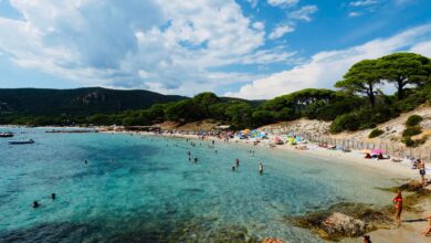 Plage méditerranéenne bondée, parasols colorés, mer turquoise.