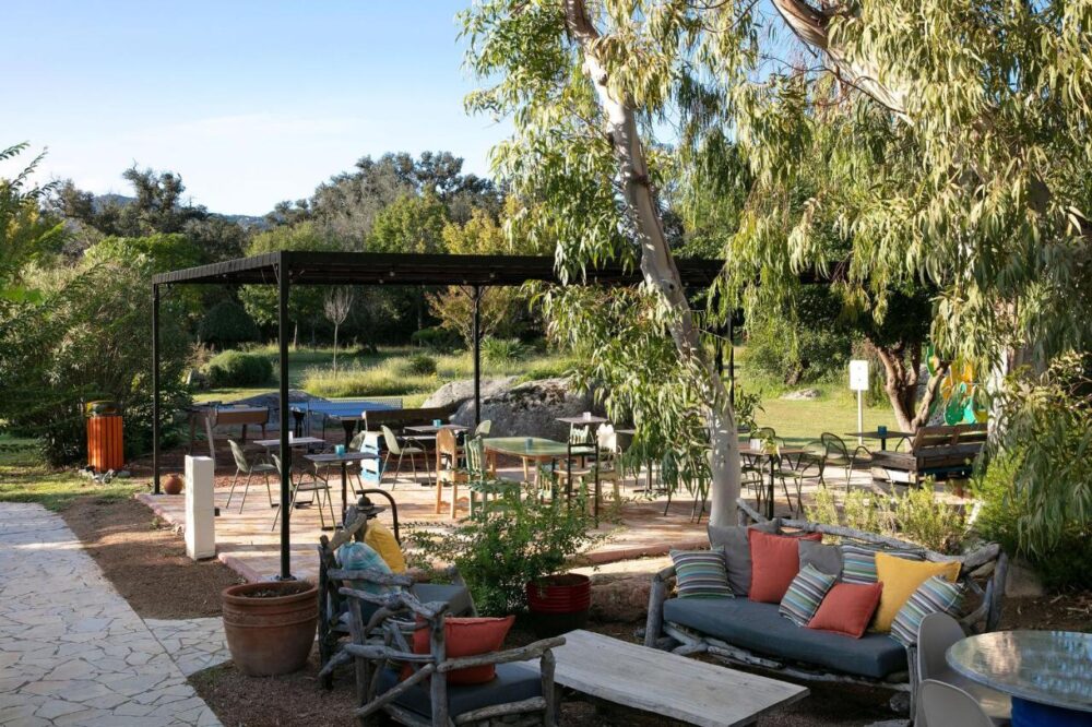 Terrasse extérieure avec meubles et arbres environnants.
