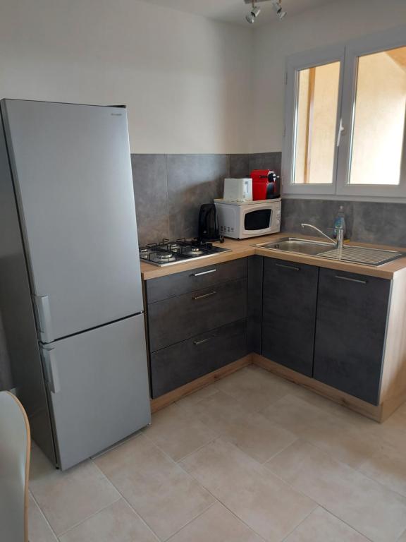 Petite cuisine moderne avec frigo et micro-ondes.