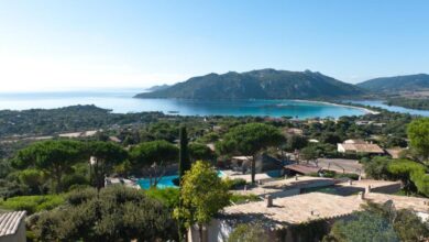 Vue panoramique sur mer et montagnes.
