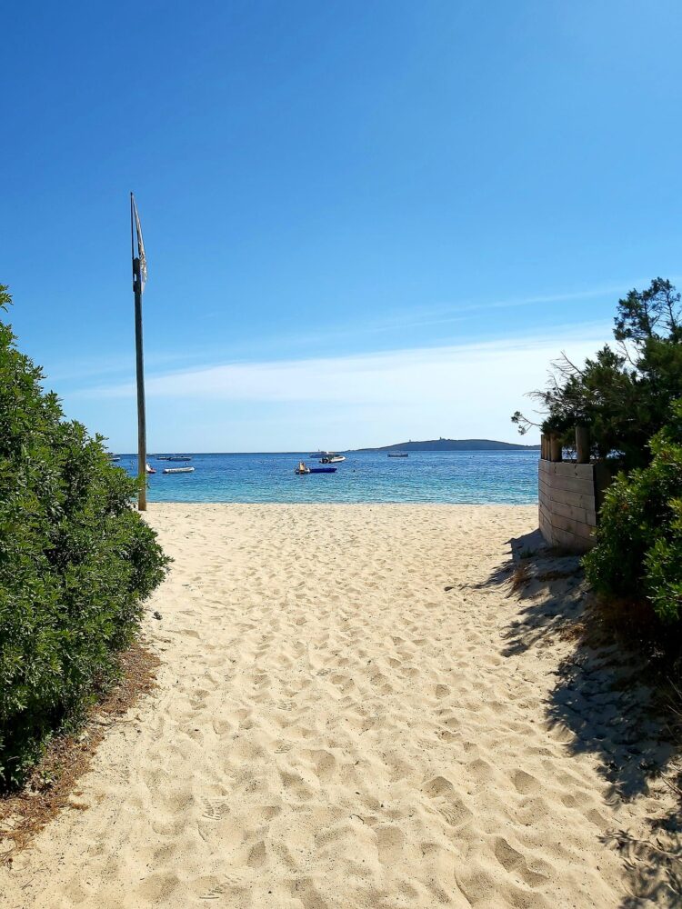 Plage de sable avec vue sur la mer.