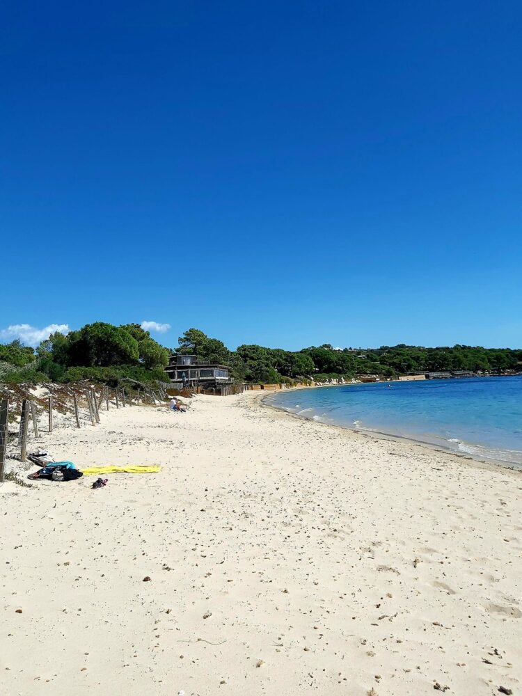 Plage de sable sous ciel bleu clair.