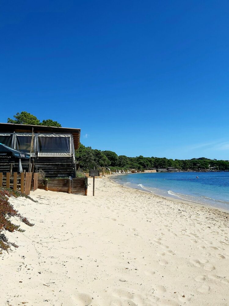 Plage ensoleillée avec bungalow et mer.