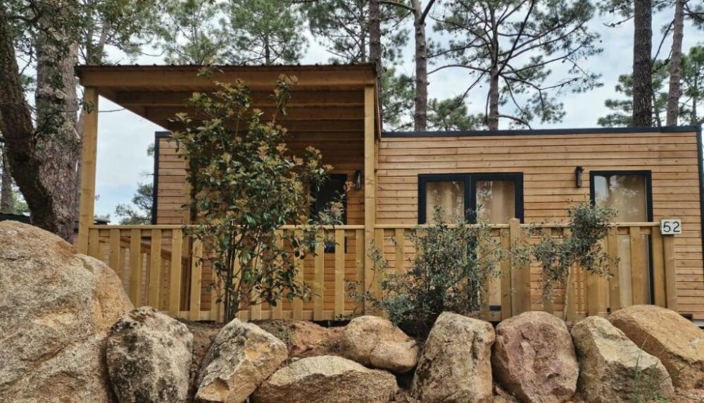 Chalet en bois entouré de pins et rochers.
