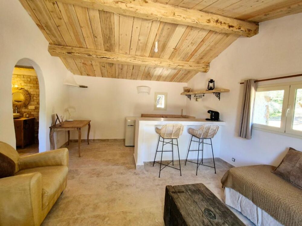 Salon rustique avec bar et meubles en bois.