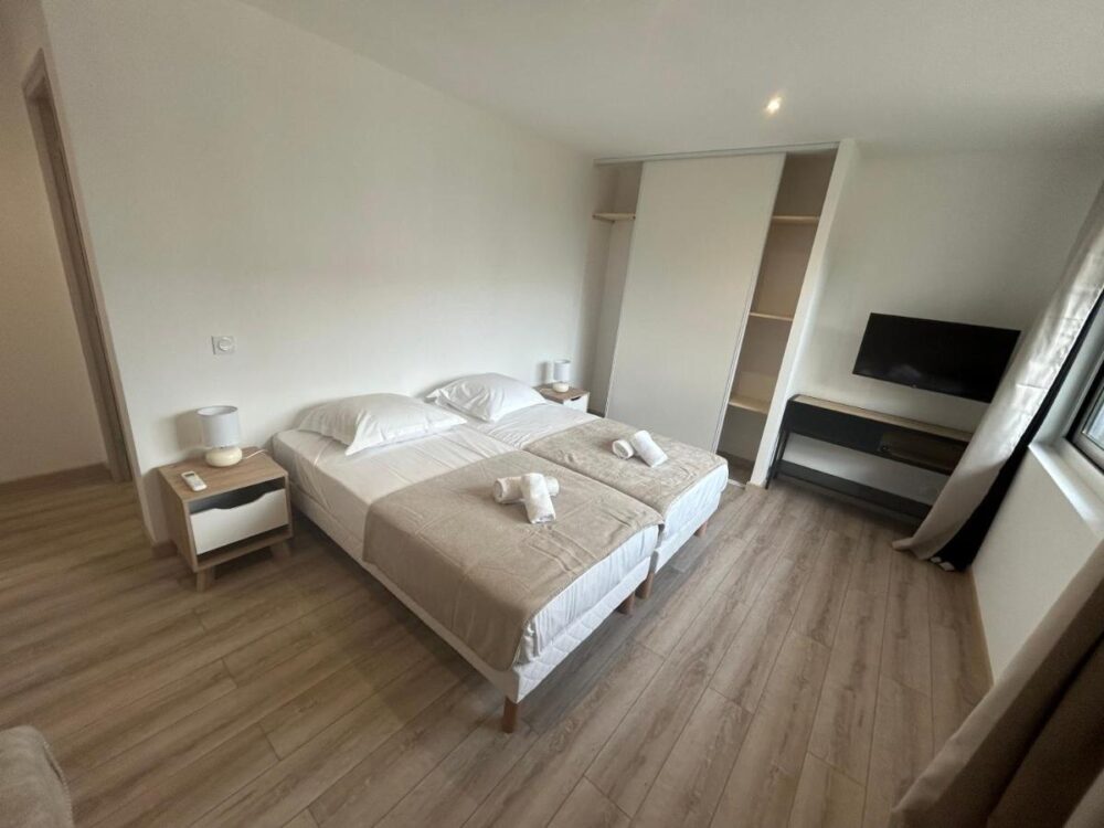 Chambre avec deux lits simples et télévision.