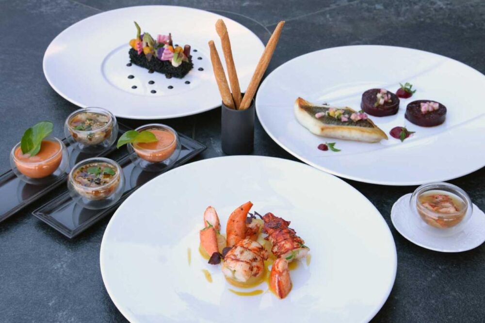 Assortiment gastronomique de plats raffinés sur table.
