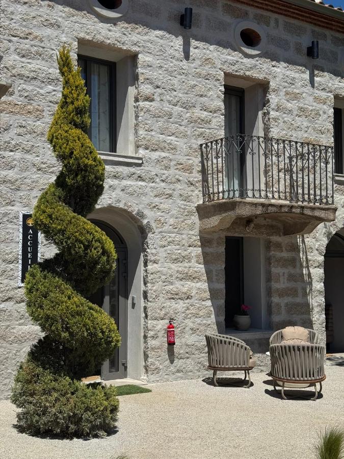 Façade en pierre avec balcon et arbre spiralé.