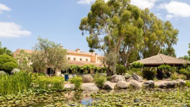 Jardin avec étang et villa en arrière-plan.