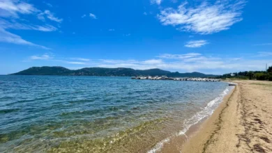 Plage de sable avec mer et ciel bleu.