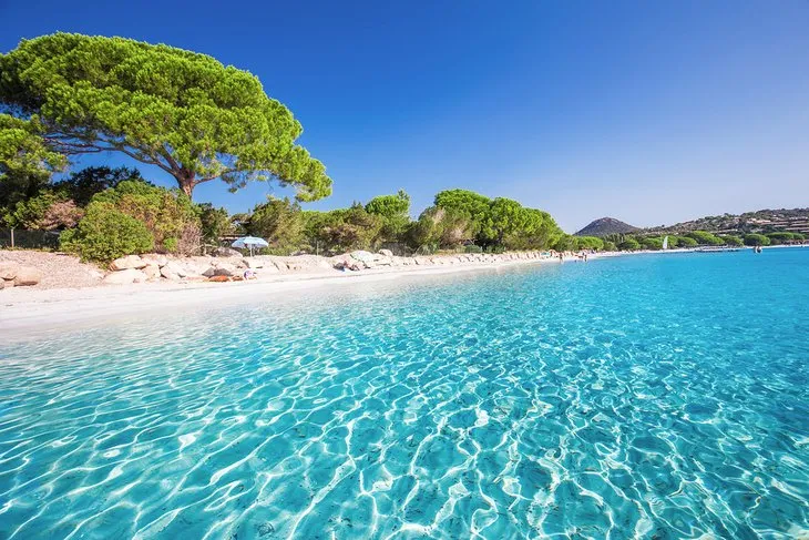 Plage avec eau turquoise et sable blanc.