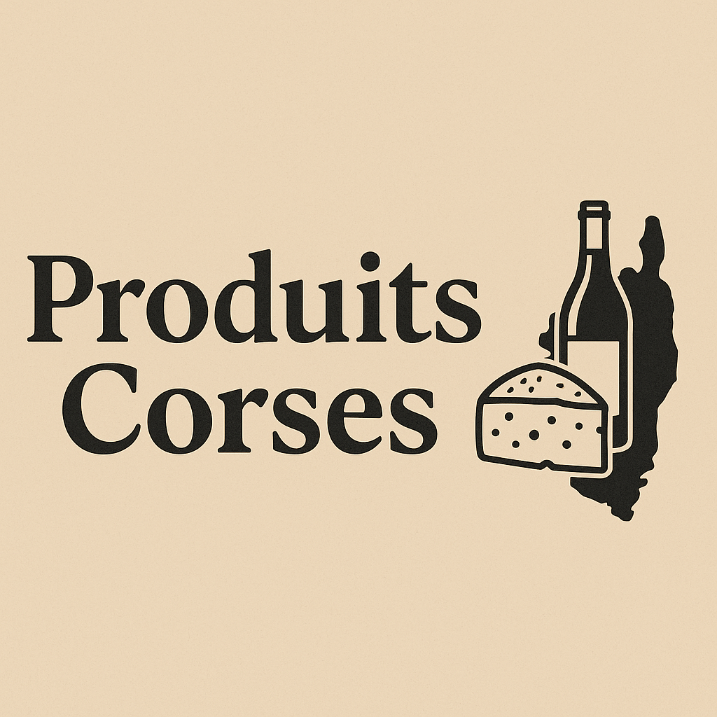 Logo Produits Corses avec bouteille et fromage.