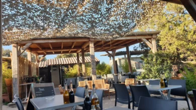 Terrasse extérieure avec tables et chaises sous abri.