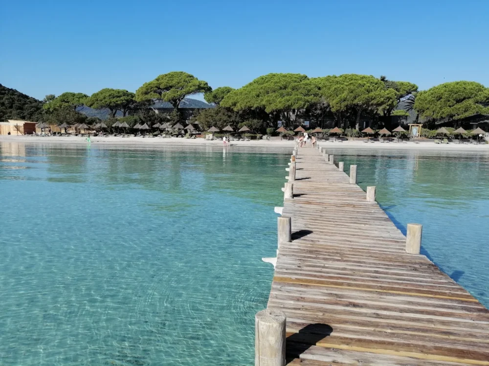 Ponton en bois sur mer turquoise et plage.