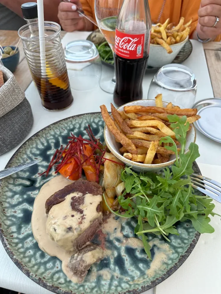 Plat de viande avec frites et salade.