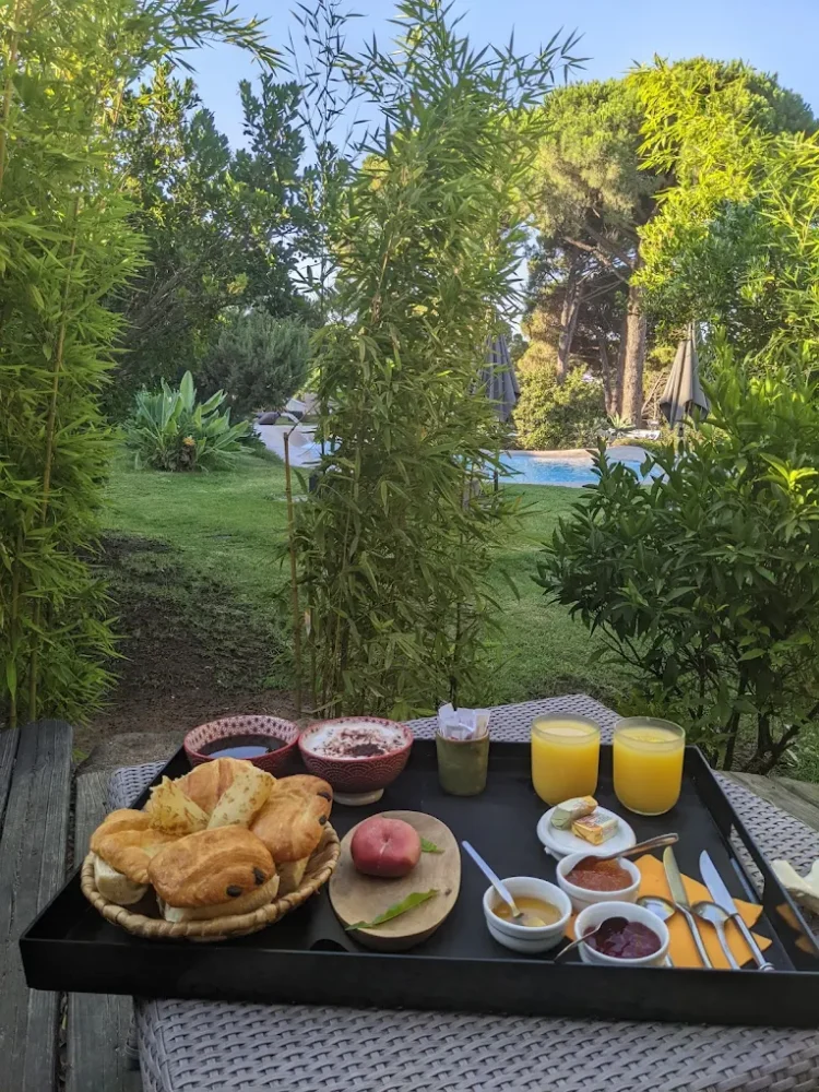 Petit-déjeuner sur table, jardin verdoyant en arrière-plan.