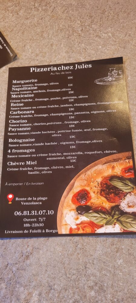 Menu de pizzas de Pizzeria chez Jules.