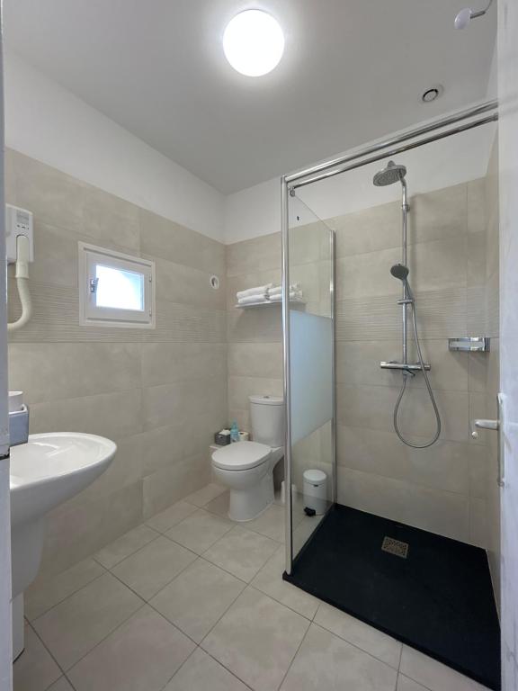 Salle de bain avec douche moderne et toilettes.