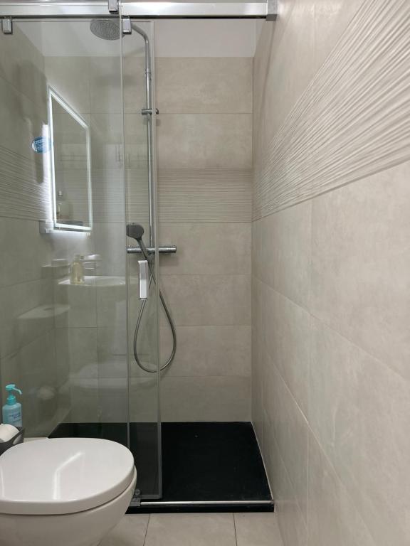 Salle de bain moderne avec douche et toilettes.