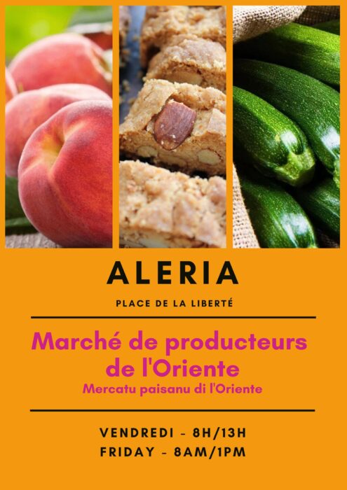 Affiche marché Aleria avec fruits, biscuits et légumes.