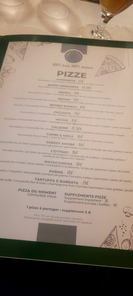 Carte des pizzas avec ingrédients et prix.