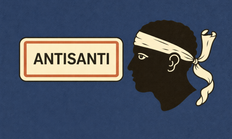 Panneau Antisanti avec drapeau corse.