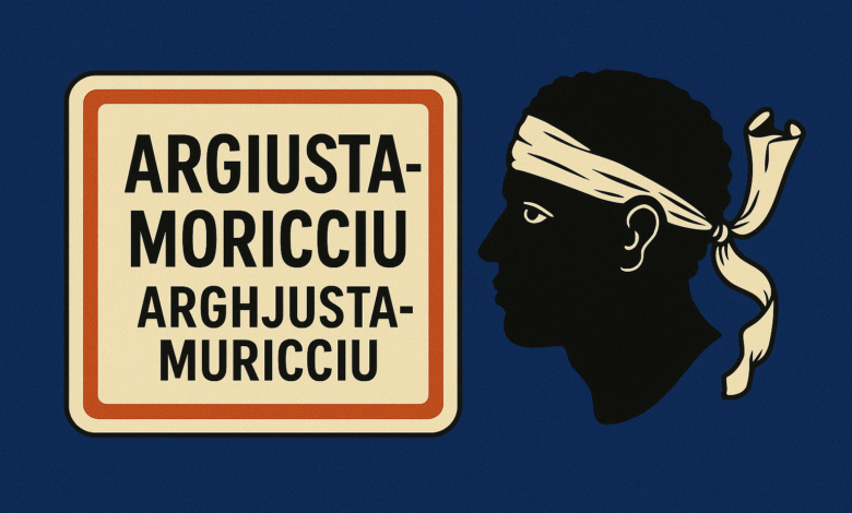Panneau d’entrée de village corse Argusta-Muricciu