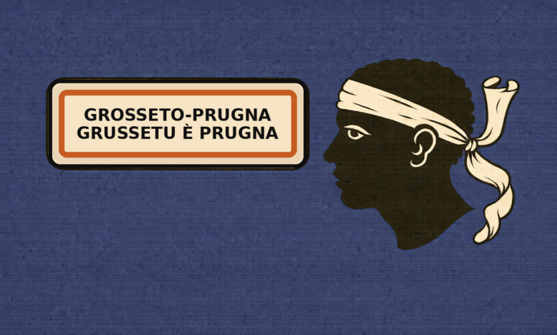 Panneau Grosseto-Prugna sur fond drapeau corse.