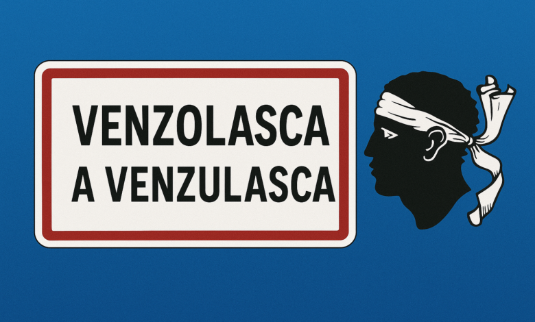 Panneau bilingue Venzolasca avec tête de Maure corse